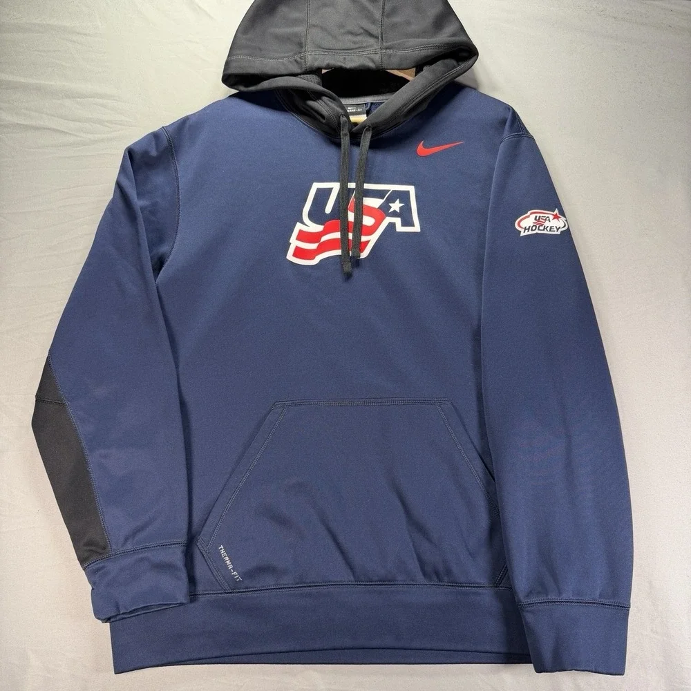 Nike USA Ice Hockey Hoodie Mens Large Blue Therma Fit Sweatshirt Olympics